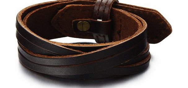 H C Classic Mens Stripe Leather Bracelet Brown Genuine Leather Wristband