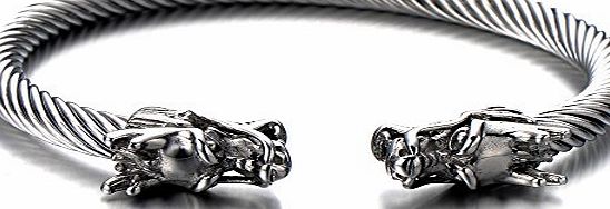 H C Elastic Adjustable Mens Dragon Bracelet Stainless Steel Twisted Cable Bangle Cuff Bracelet Silver Color Polished