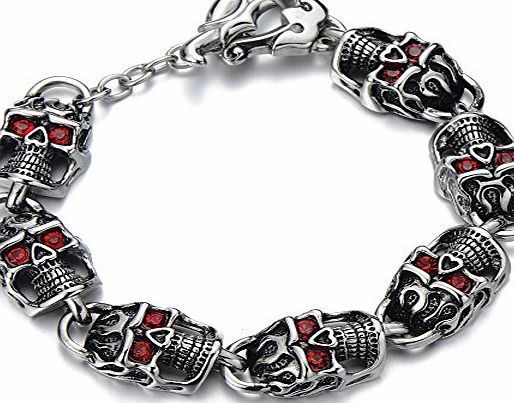H C Gothic Punk Mens Link of Skulls Bracelet with Red Cubic Zirconia Silver Black Two-tone Polished