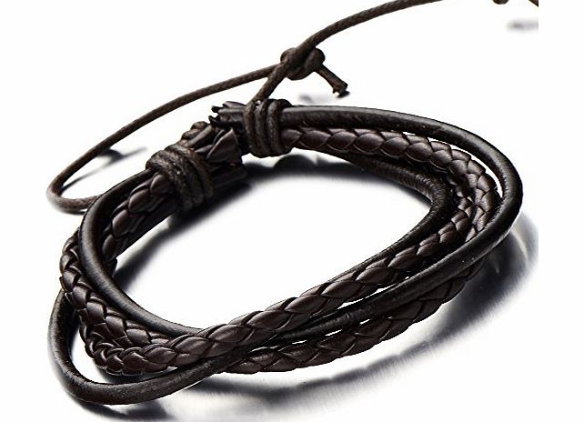 H C Hand-made Mens Brown Braided Leather Bracelet Multi-strand Genuine Leather Wristband Wrap Bracelet
