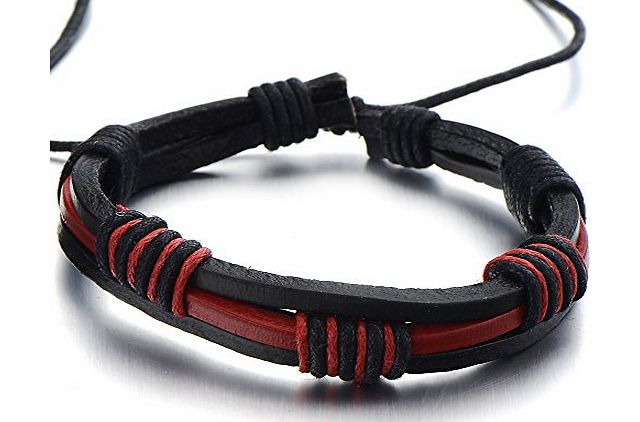 H C Hand-made Mens Red and Black Braided Leather Bracelet Genuine Leather Wristband Wrap Bracelet