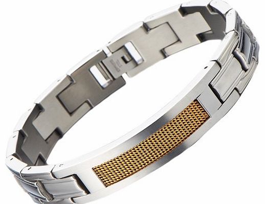 Heavy-duty Stainless Steel Link Bracelet for Men 7.9 inches with Gold Steel Mesh Inlay