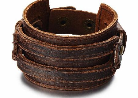 H C Metallic Brown Genuine Leather Wristband Mens Wide Leather Bracelet with Snap Button