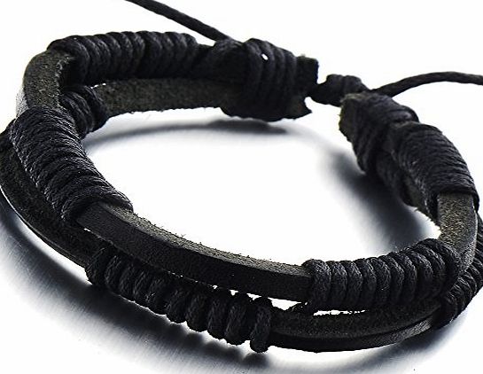 H C New Design Mens Double-lap Black Braided Leather Wrap Bracelet Genuine Leather Wristband
