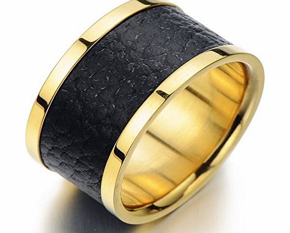 H C Stainless Steel Mens Ring Gold Wide Band with Genuine Leather Inlay High Polished(10a)