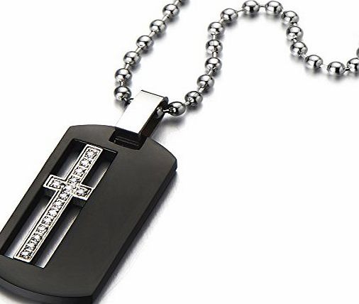 H C Unique Black Cross Dog Tag Pendant Necklace for Men Stainless Steel Polished with Cubic Zriconia