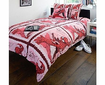 Comic Book Stamps Spiderman Red Pink Double Bed Size Childrens Superheroes Duvet Cover Quilt Bedding Set
