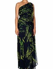 Halston Heritage Navy and green one shoulder maxi dress