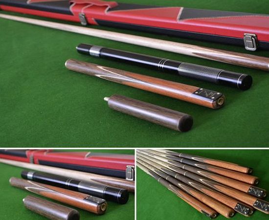 Handmade Cues 58.5`` Handmade 4 piece Snooker/Pool Cue with a Rosewood Inlayed Butt, Black and Red Leather Case, Extension and 6`` Mini-Butt.