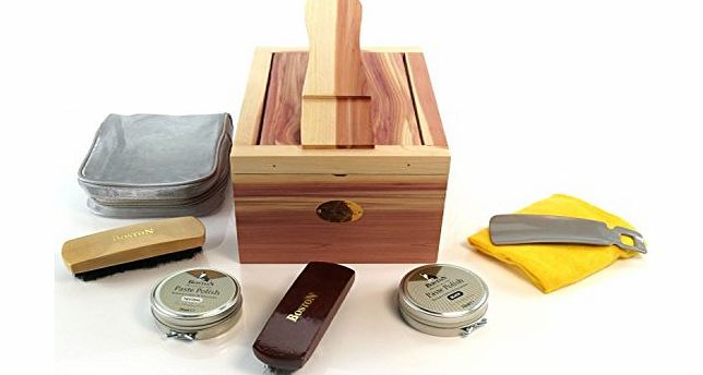 HANGERWORLD  Aromatic Cedar Wood Shoe Shine Box with Foot Rest amp; Shoe Brush Care Kit