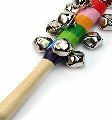 Hangqiao Baby Kids Rainbow Wooden Handle Bell Jingle Stick Shaker Rattle Toys