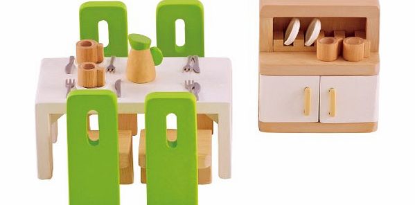 Hape International Hape E3454 Dining Room Green Stools White Table Cupboard with White Doors