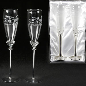 happy 25th Anniversary Flutes With Silver Stems