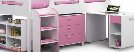 Happy Beds Kimbo White And Soft Pink Finished Sleep Station Childrens Kids Bunk Bed 3 Single With Luxury Spring Mattress