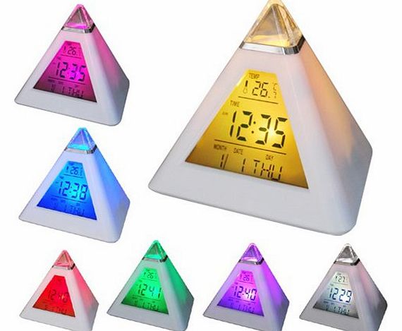 7 LED Colors Changing Pyramid Shaped Digital Alarm Clock Calendar Thermometer (White, 3xAAA)