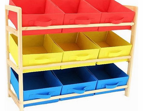 3 Tier Storage Unit with 9 Canvas Bins - Yellow, Blue & Red