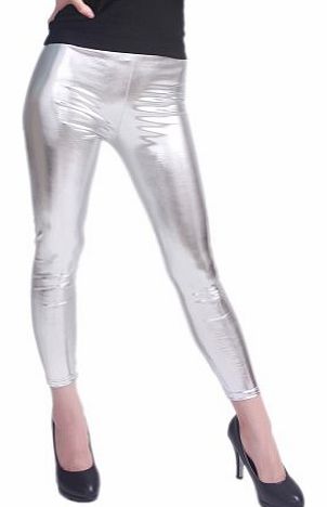 HDE Footless Liquid Metallic Leggings Shiny Wet Look Stretch Club Tights Party Pants - Silver (XX-Large)