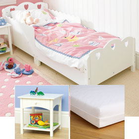 Heart Toddler Bed and Bedside Table, with Pelynt Ventiflow Mattress - SAVE andpound;15