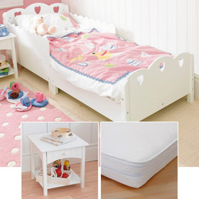 Heart Toddler Bed, Classic Bedside Table and Open Coil Cool Flow Mattress - SAVE andpound;25