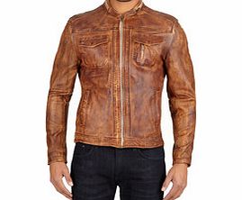 Helium Tan collarless leather biker jacket