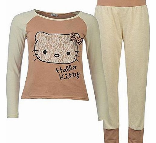 Hello Kitty Womens Kitty Luxury Pyjamas Ladies Top Bottoms Elastic Ankle Cuffs Oatmeal Marl 10 (S)