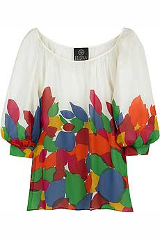 Multicolored silk chiffon blouse with a rose petal print.