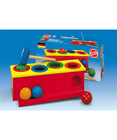 1y+) Hammer 6 colourful wooden balls through coloured holes. Wooden 