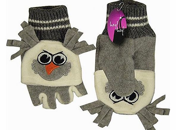Hey Hey Twenty - Kids Fleece Gloves with Fold Over Mitten Top, Colour: Grey Owl, Size: 3-5 Years