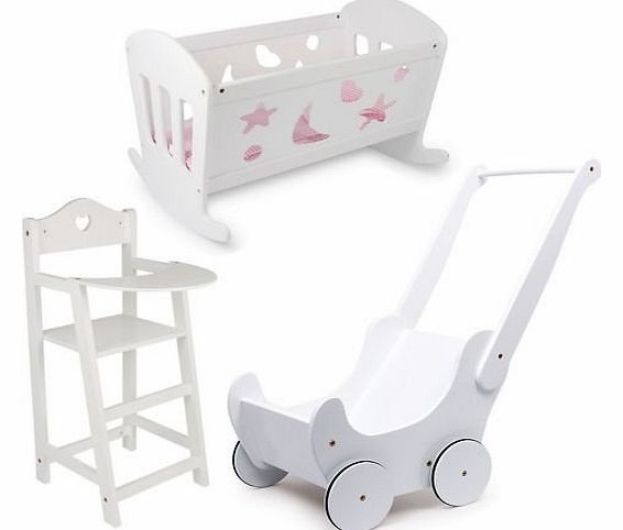 HHL Dolls White Varnished Wooden Set Cradle Cot Bed, High Chair and Pram - Girls Toy
