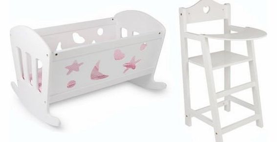 HHL SET OF Dolls White Varnished Rocking Wooden Cradle Cot Bed and Matching High Chair Toy