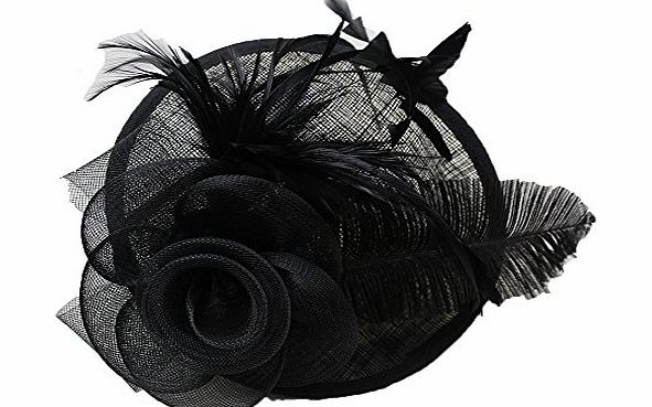 HI-TE Womens Mesh Flowers Feathers Cocktail Fascinator Hat on Headband (BLACK)