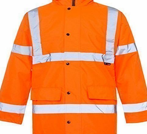 Hi-Viz Hi Viz 3/4 Length Parka Reflective Tape Waterproof Quilted Railway Work Jacket Coat High Vis Safety Workwear Security Road Works Concealed Hood Fluorescent Flashing EN471 Orange Large