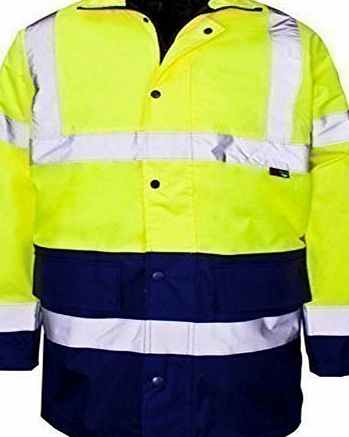 Hi-Viz Hi Viz 3/4 Length Parka Two Tone Reflective Tape Waterproof Quilted Work Jacket Coat High Vis Safety Workwear Security Road Works Concealed Hood Fluorescent Flashing EN471 Yellow/Navy Large