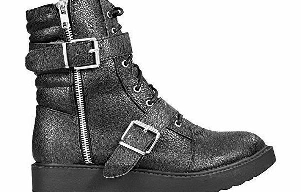HIDDENFASHION Hidden Fashion Womens Ladies Faux Leather Lace Up Buckled Wedged Biker Boots [BLACK_4]