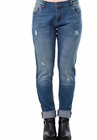 HIDDENFASHION Hidden Fashion Womens Ladies Mid Rise Crosshatch Distressed Frayed Ripped Denim Jeans [Blue_14]