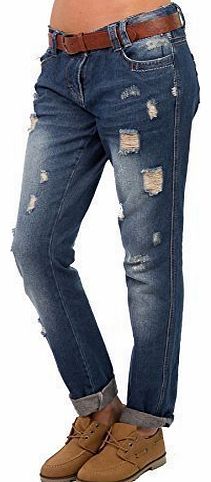Hidden Fashion Womens Ladies Mid Rise Frayed Ripped Relaxed Denim Jeans [NAVY_14]