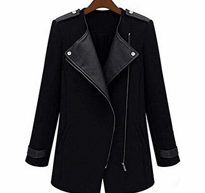 Himanjie Black Womens WOOL Synthetic pu Leather Long Coat Jacket Trench Parka winter Outwear