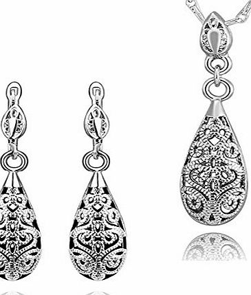 Himanjie Womens Jewellery Set 18K Platinum Plating Earring and necklace -Hollow Out Water Drop Vintage With velvet pouch