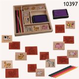 Stamp set `Farm animals` with 8 stamps, stamp pad and coloured crayons