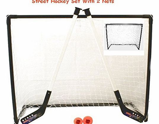 Street Hockey Set With Sticks Goal Net Puck & Ball no ice (2 Net Hockey Set)