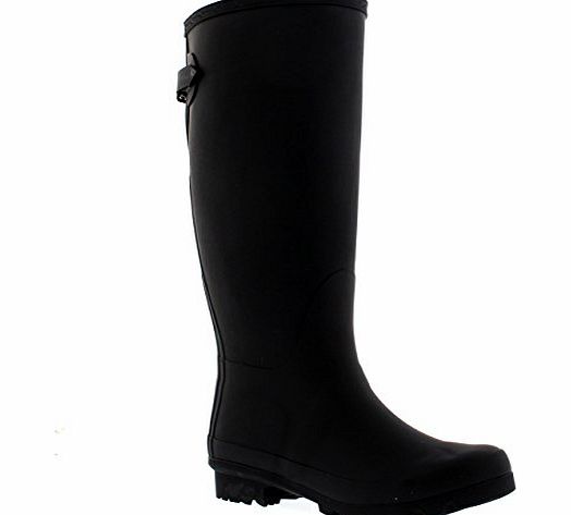 Womens Adjustable Back Tall Winter Rain Wellies Waterproof Wide Fit Wellington Boots - Black - 5