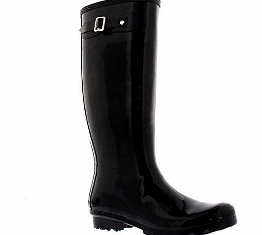 Womens Original Tall Gloss Winter Waterproof Wellies Rain Wellington Boots - Black - 6