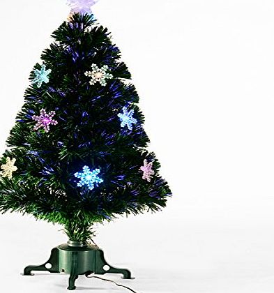 Homcom 3ft 4ft 6ft Green Fibre Optic Artificial Christmas Tree Xmas Colourful LED Scattered Light Tree with Snowflakes Ornaments Fireproofing (3ft (90cm))