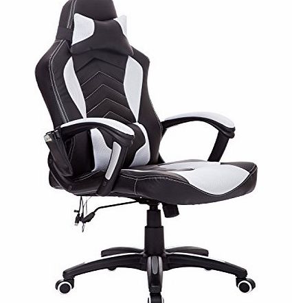 Homcom Reclining Office Massage Chair Racing Chair Recliner 6-Point Massage High Back Heating Swivel Desk Chair (Black and White)