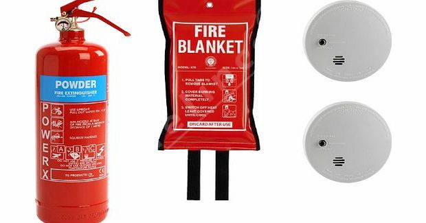 Home Fire Safety Kit  - 2kg Powder Fire Extinguisher, Fire Blanket amp; 2 x Smoke Alarms