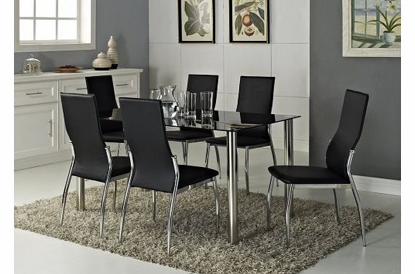 Black Glass Rectangle 6 Seater Dining Table Set with 6 Faux Leather Chairs Chrome