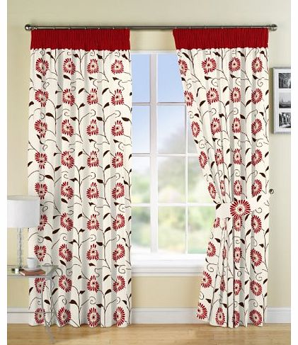 Home Sweet Home Luxury Flower Design Ready Made Fully Lined Curtains Red 66`` x 54``