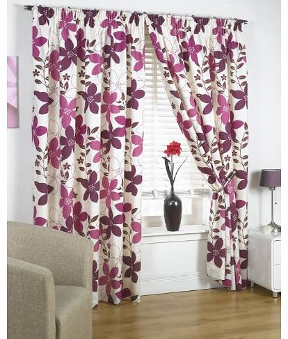 Home Sweet Home Ready Made Curtains Lined Printed Flower Design Plum 46`` x 54``