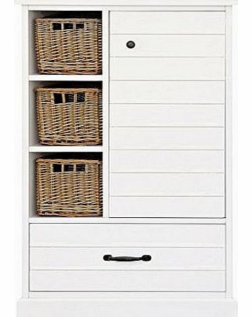White Rattan Cabinet with Large Cupboard, Drawer & Baskets. Bathroom Or Bedroom.