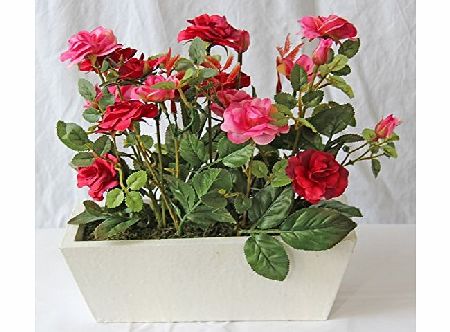 Homescapes Artificial Roses Cerise in Wooden Flower Box Lifelike Leaves and Silk Flowers Artificial Flowers